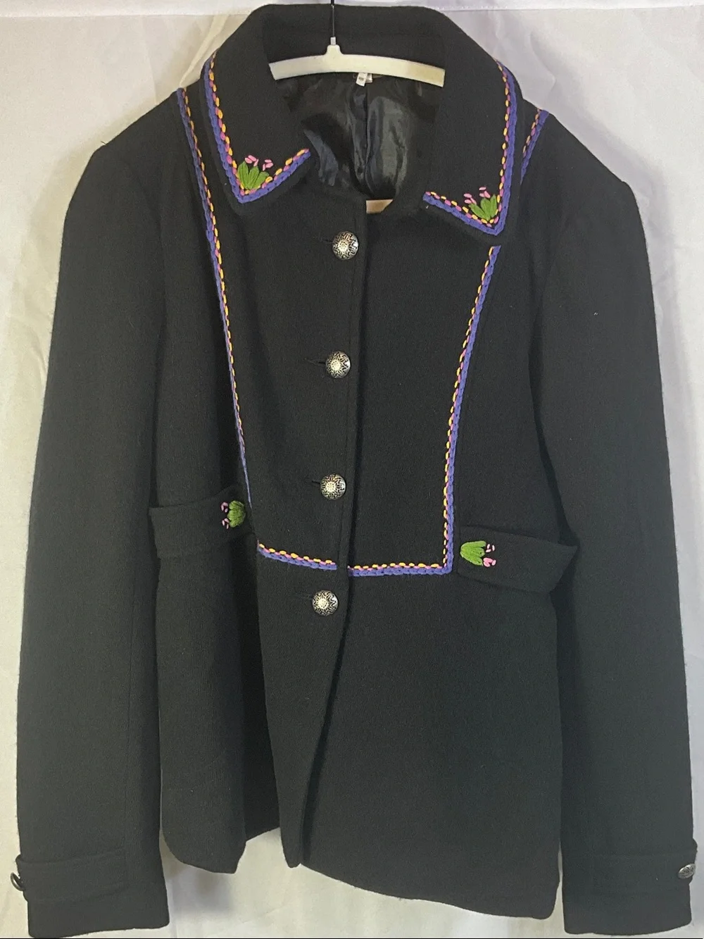 Vintage Free People Embroidered Wool Pea Coat with Pockets Size Medium